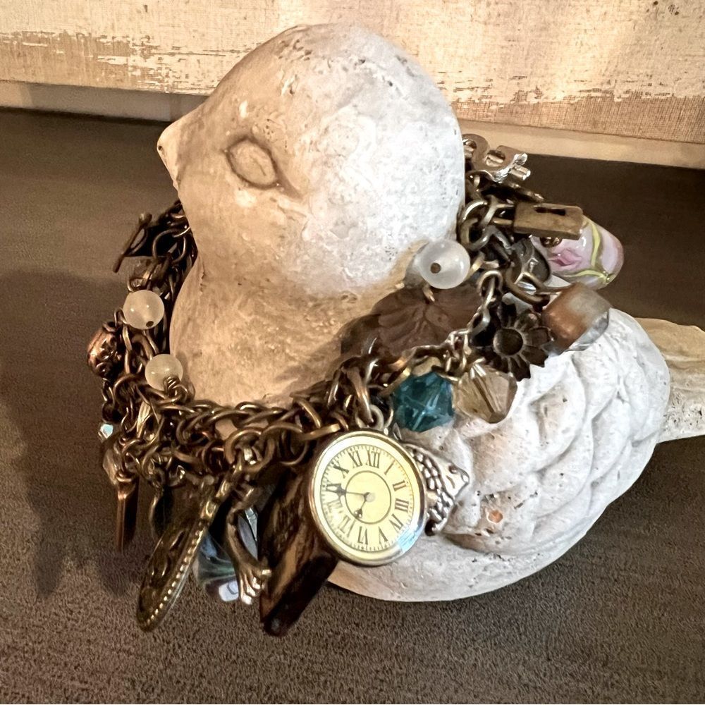 Loaded Multi-Color Charm Bracelet/beads/Brass/Silver W/Toggle - Picture 11 of 12